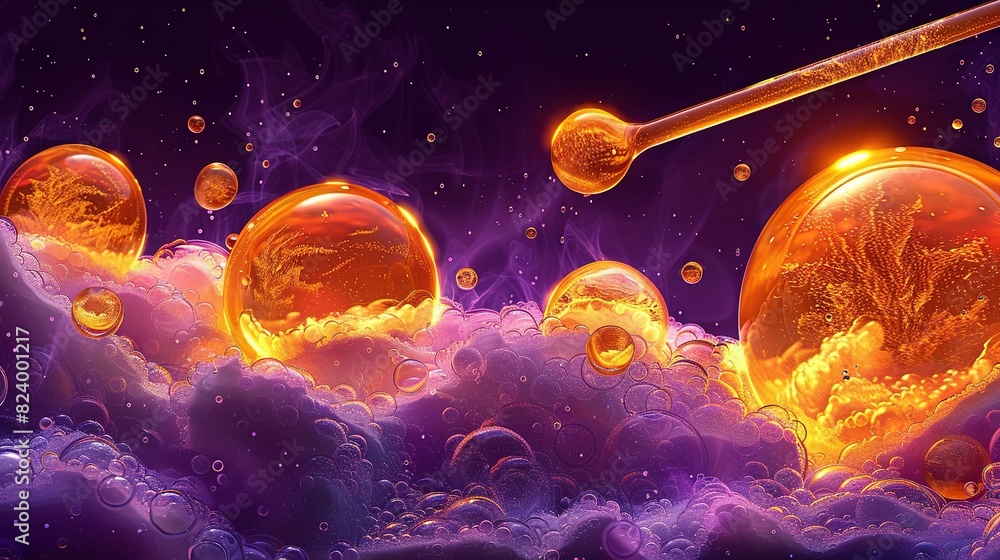 Poster a group of bubbles float atop a black backdrop containing orange and yellow liquid with matching bub