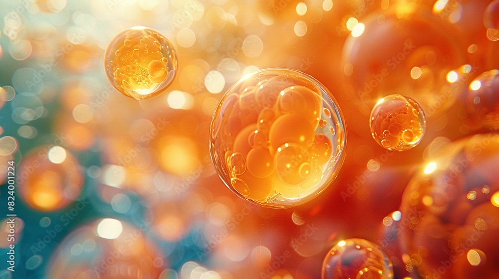 Poster a cluster of bubbles hovering above a blue and orange canvas with a hazy sky in the background