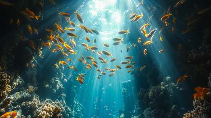 Schools of fish swim near coral reefs. A large group of sardines swim in the open sea. Nature and food concept.