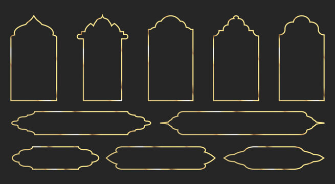 Set of geometric gold frames in deco style. Vector illustration for web design, posters, social media.