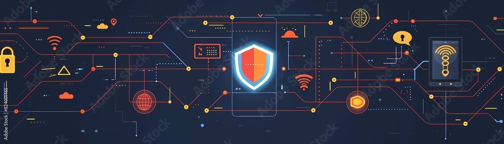 Poster imagine a flat design of a vpn icon with a shield and a network