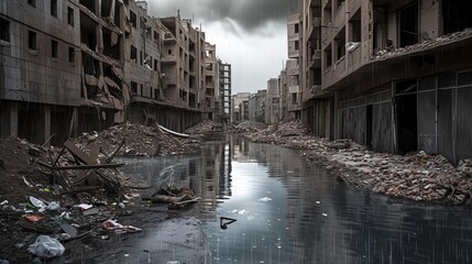 A desolate urban scene depicting abandoned buildings and debris, reflected in a pool of water under a gloomy sky.