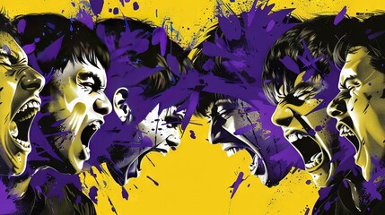   A crowd with open mouths against a yellow backdrop featuring purple and yellow splatters