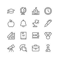 Education linear style icon set. Learning tools, school supplies and symbolic elements. Primary, secondary and higher education environments. Editable stroke width.