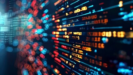 Video of abstract background of binary software programming code flying in a stream of information. Computer script. Neural network.