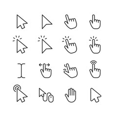 Mouse Cursors and Pointers, linear style icon set. On-screen navigation and user interactions. Cursor designs - arrows, hands. Clicking, selecting, dragging actions. Editable stroke width.