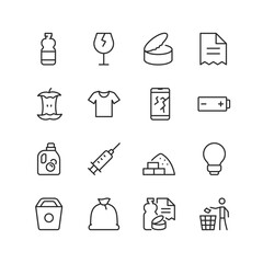 Waste Sorting and Recycling, linear icon set. Sorting garbage by type. Plastic, glass, metal, paper, organic, fabric, electronics, batteries, chemicals, medical, construction debris. Editable stroke