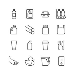 Plastic, linear style icon set. and Polymer Products. Single-use and durable plastic items for packaging, containers, utensils and more. Synthetic material goods. Editable stroke width.