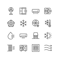 Air Conditioning, linear style icon set. Heating, ventilation and cooling systems for indoor climate control. Fans, vents and temperature regulation equipment. Editable stroke width
