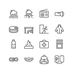 Disaster Preparedness and Survival, linear style icon set. Natural calamities, floods, earthquakes and destructive forces. Emergency equipment. Shelter and evacuation. Editable stroke width