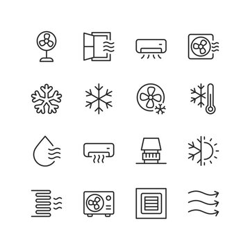 Air Conditioning, linear style icon set. Heating, ventilation and cooling systems for indoor climate control. Fans, vents and temperature regulation equipment. Editable stroke width