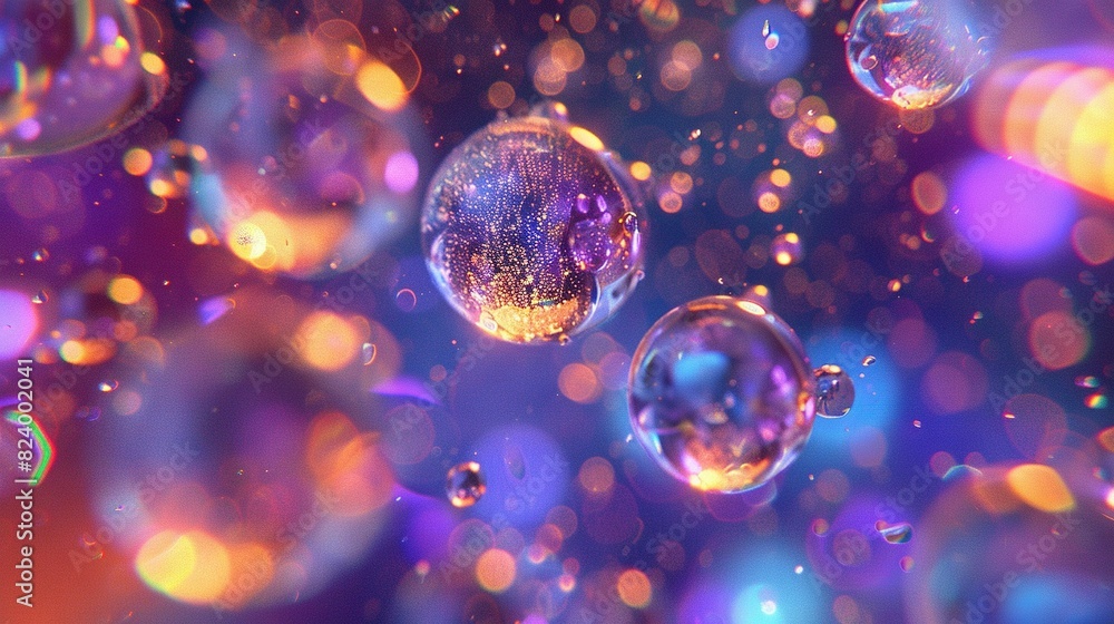 Poster a cluster of numerous bubbles buoyant on a darkened azure-purple backdrop, with multiple bubbles int