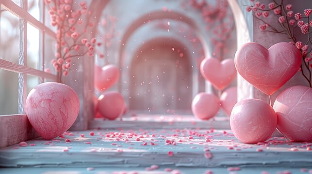 3d rander of the podium is used for merchandise display decorated with hearts on Valentine's day. 