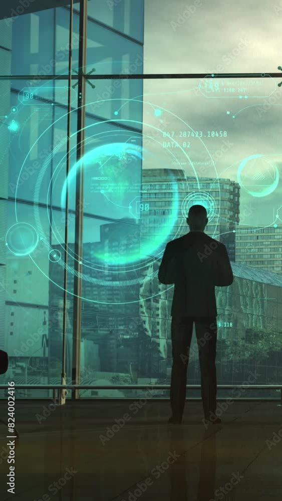 Poster businessman looks at data on a virtual interface, 3d render.
