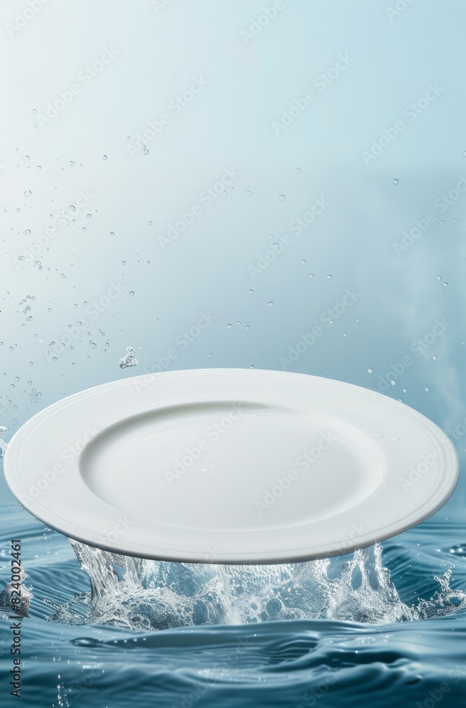 Poster dynamic water splash with plate: a creative illustration of freshness and cleanliness in a vibrant d