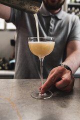 A person pours a creamy beverage into a stemmed glass on a bar counter, capturing dynamic motion and detail.