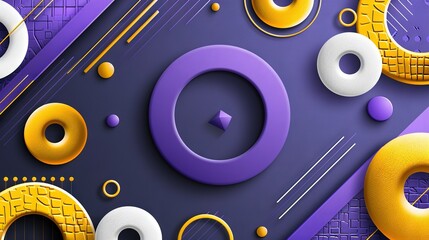  A tri-colored abstract background with overlapping circles and lines on a solid purple and yellow base