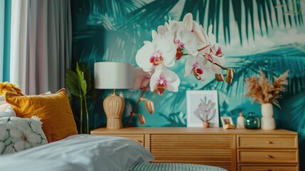 A tropical paradise bedroom with a palm tree mural on the teal wall and a bouquet of vibrant orchids on the dresser. realistic