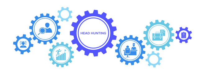 Head Hunting banner webs icons vector illustration concept with icons of recruitment, candidate, resume, portfolio, career, interview, target, leadership, resource, mission