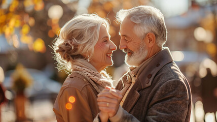 Happy affectionate loving middle aged mature couple dancing at a party, enjoying dance lit with sunlight