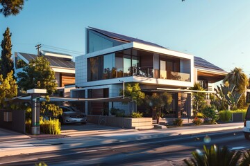 : A high-tech smart suburban house with a sleek, minimalist design, integrated solar panels, and a fully automated home system, set in a futuristic neighborhood.