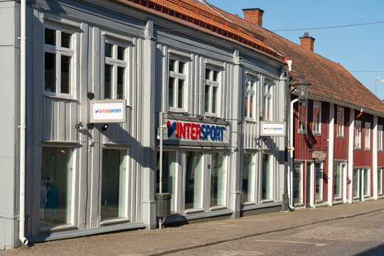 Intersport store at Storgatan road in Vimmerby. Sweden. Its a chain of over 5000 stores in 32 countries selling sport clothing and equipment. It was established in Paris and it has headquarter in Bern