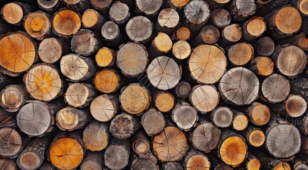 Closeup of stacked wood in the forest, seamless texture for design and decoration, natural material background