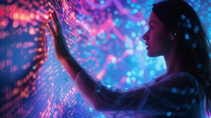 A woman reaches out to touch a sculpture made of pixels in a virtual reality art gallery.