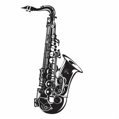 A black and white saxophone with a white background