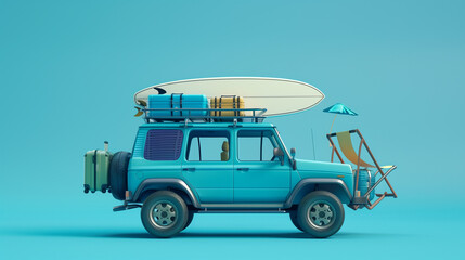 Fototapeta premium A blue car with luggage and a surfboard on top of it