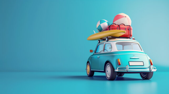 A blue car with a surfboard and two beach balls on top of it