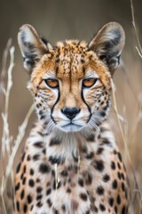 Fototapeta premium Closeup of Cheetah Cub in Savanna with Spotted Fur, Majestic Young Wildlife