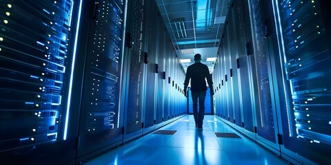 Man walking in a data center corridor among servers in a modern technological environment. Concept Data Center, Technology, Server Room, Modern Environment, Business Operations