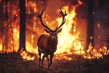 Deer walking in a forest fire. Climate change and global warming. Natural disaster, wildlife and wildfire concept. Design for banner, poster