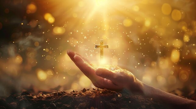 The hand of god offering hope and aid, with the cross of christ in the background