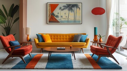Mid-century modern living room with yellow sofa, red chairs, and colorful cushions. Framed artwork of palm trees on the wall, potted plants, and decorative items.