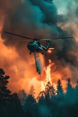Helicopter dropping water on forest fire. Natural disaster and wildfire. Emergency response and firefighting concept. Design for banner, poster