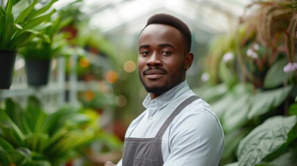 The picture of the african american male young entrepreneur is standing inside greenhouse, the entrepreneur require skill like creativity, leadership, financial management, sales and marketing. AIG43.