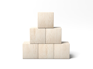 Six wooden blocks isolated on white background. Blank. Empty. Pyramid. 3d illustration.