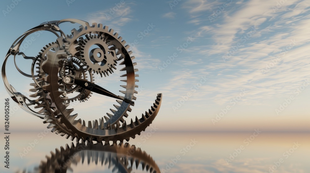 Poster a 3d rendering of intricate mechanical gears resembling a snail, with a mirrored surface beneath and