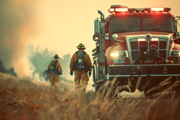 Fire truck and firefighters in field. Natural disaster and wildfire. Emergency response and firefighting concept. Design for banner, poster