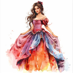 cute watercolor  victorian princess on white background easy to cutout