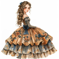 cute watercolor  victorian princess on white background easy to cutout