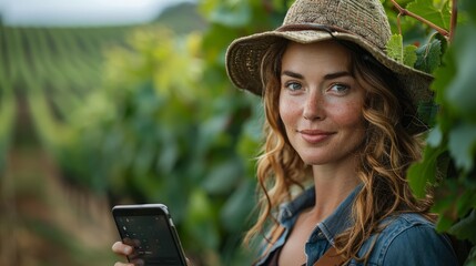 Fototapeta premium A woman farmer examines the vineyard and sends data to the cloud from the tablet. Smart farming and digital agriculture.