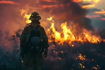 Naklejka premium Firefighter watching forest fire at dusk. Natural disaster and wildfire. Emergency response and firefighting concept. Design for banner, poster