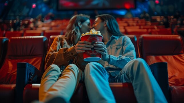 A couple is kissing in a movie theater while holding a red bucket of popcorn. Scene is romantic and playful