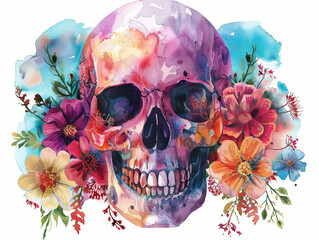 Watercolor boho skull with flowers illustration