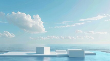 Abstract minimalist podium stage with square pedestals for product presentation against blue sky background and seas realistic