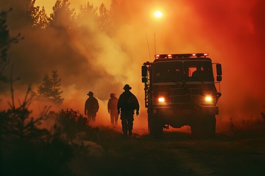 Fire truck and firefighters in smoky forest. Natural disaster and wildfire. Emergency response and firefighting concept. Design for banner, poster