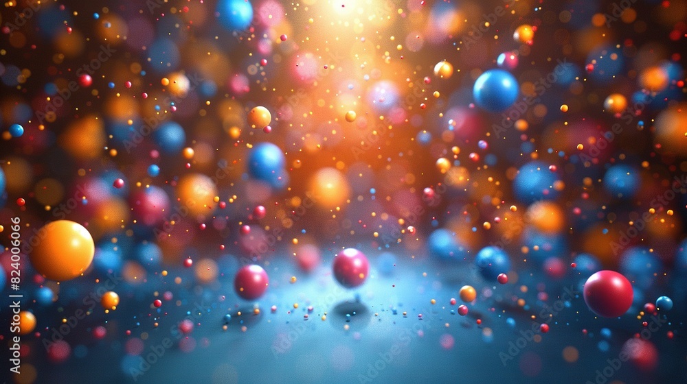 Poster multiple balls on a blue background, with a bright source of light illuminating from the center